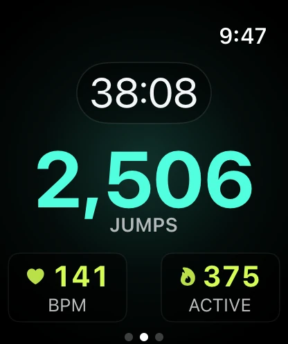 Apple Watch workout showing jump count, time, heart rate, and calories
