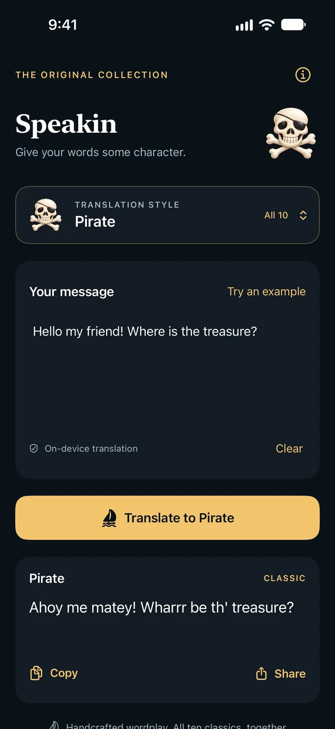 Speakin translating an everyday message into Pirate